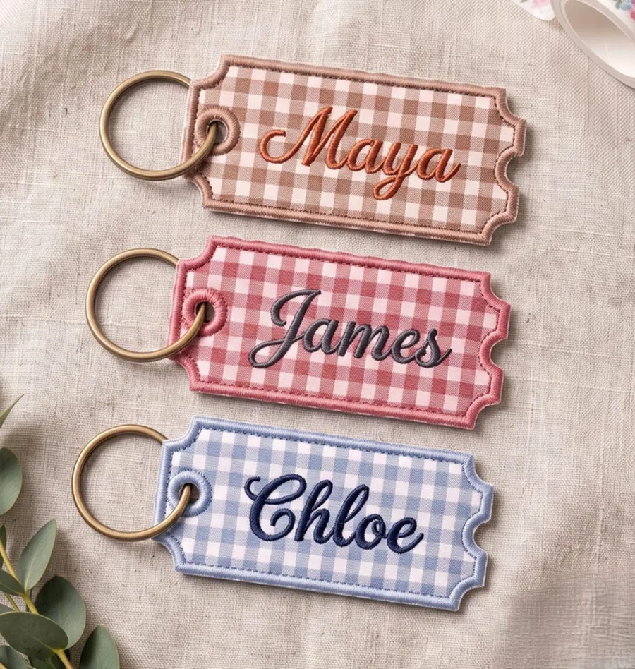 Pink gingham keychains embroidered with names and initials