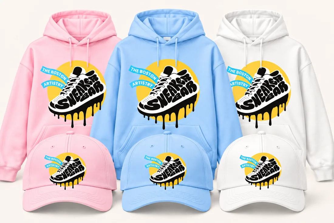 Limited edition TBA hoodies and hats in baby pink, baby blue and white with the Sneaker Bar drip logo