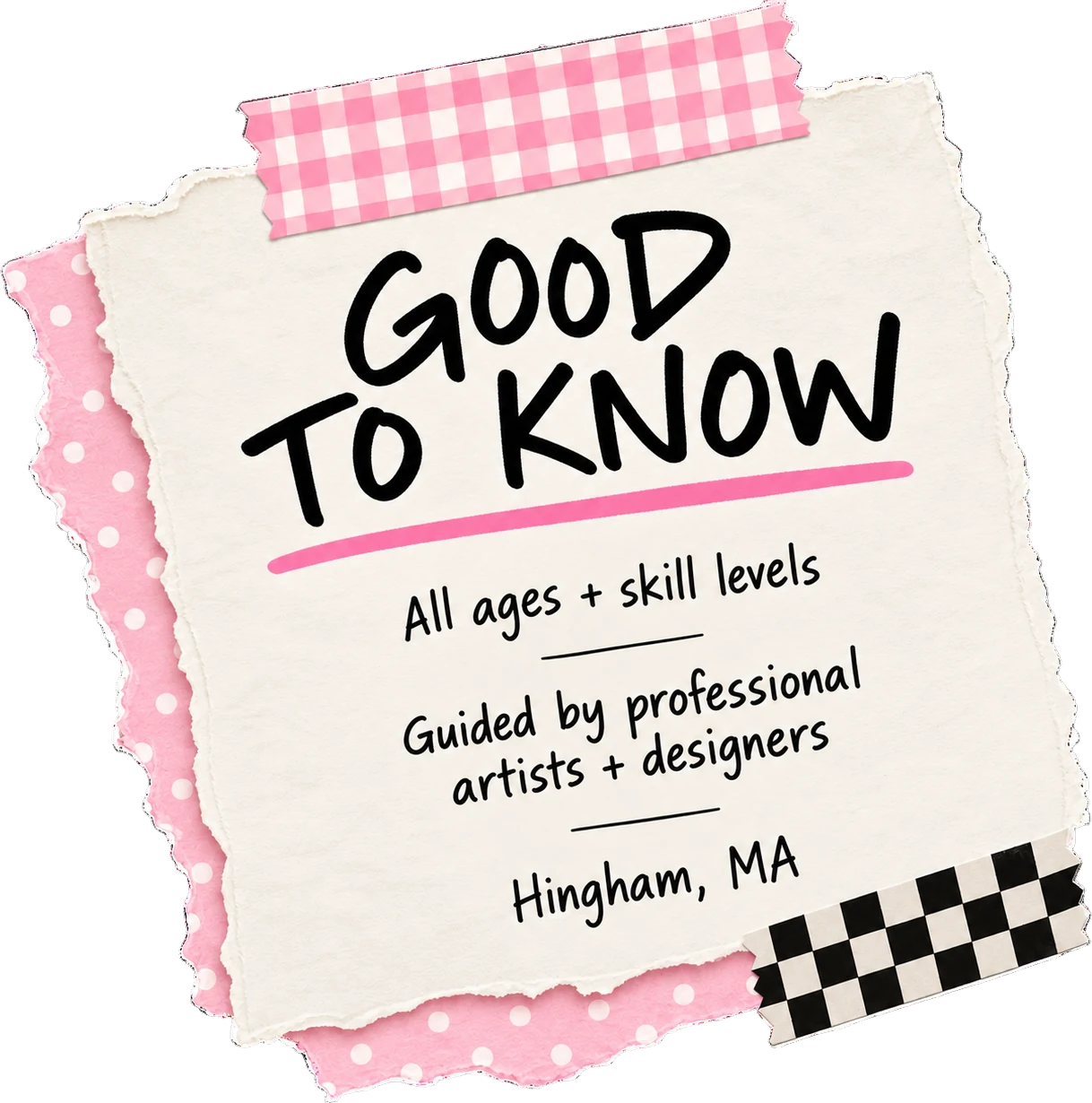 Good to know: all ages and skill levels, guided by professional artists and designers, Hingham, MA