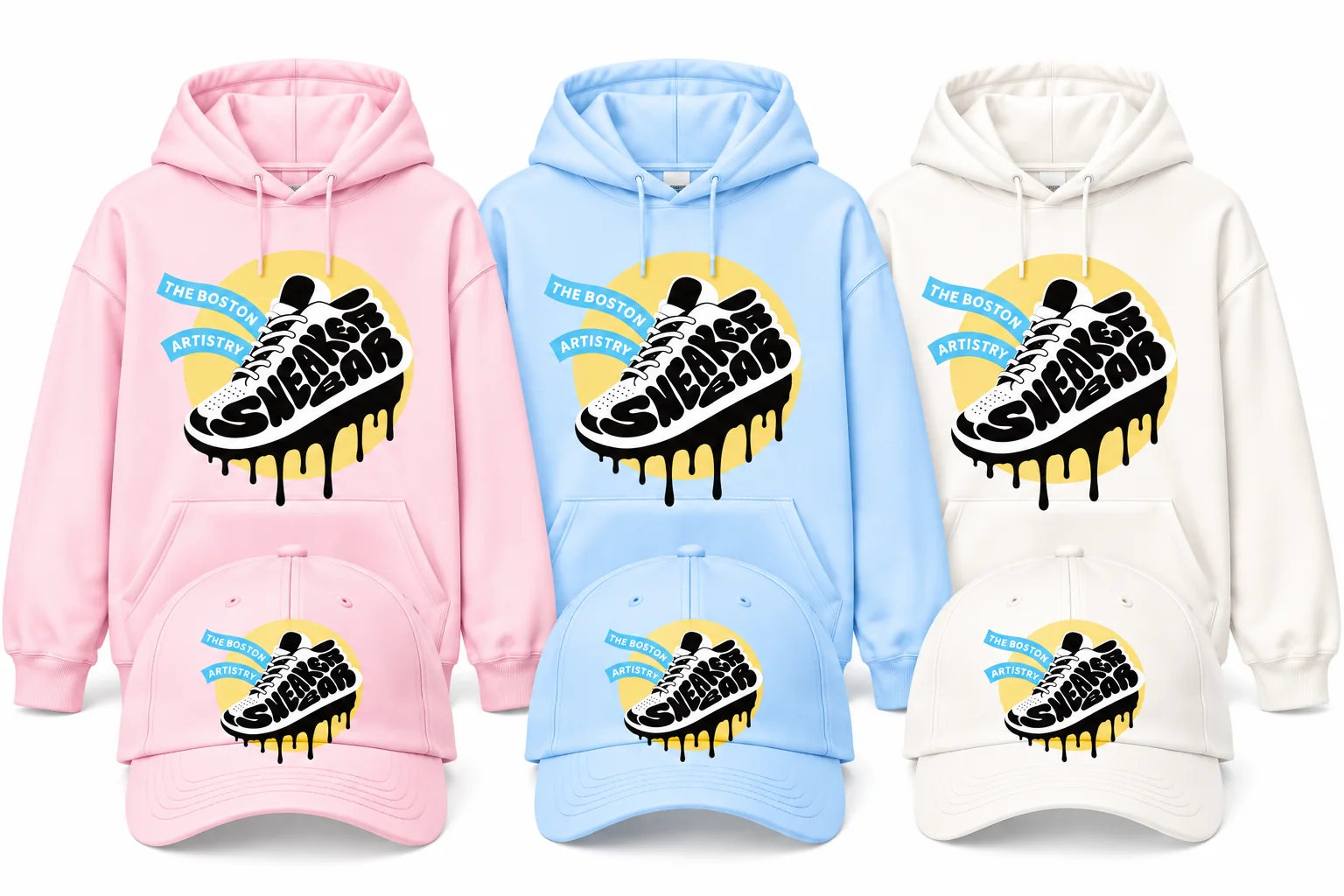 Limited edition The Boston Artistry hoodies and caps in baby pink, baby blue and white with the drippy Sneaker Bar logo